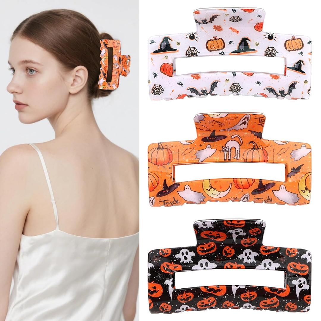 3PCS Halloween Hair Clips Ghost Spider Web Pumpkin Witch Claws Fall Large Claw Clips for Thick Thin Hair Cute Halloween Hair Accessories for Women Girls Party Favors Pinzas Para El Cabello