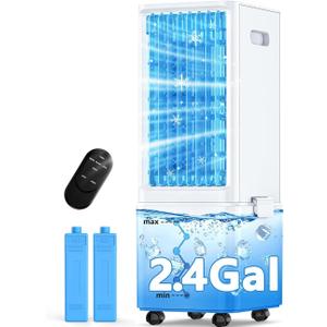 Windowless Air Conditioner w/ 4 Modes & 3 Speeds, Waterless Alert, 2.4-Gal Tank for 20H Cooling, 12H Timer, 20FT Remote, 70 Auto Swing Evaporative Air Cooler, Portable AC Unit for Bedroom