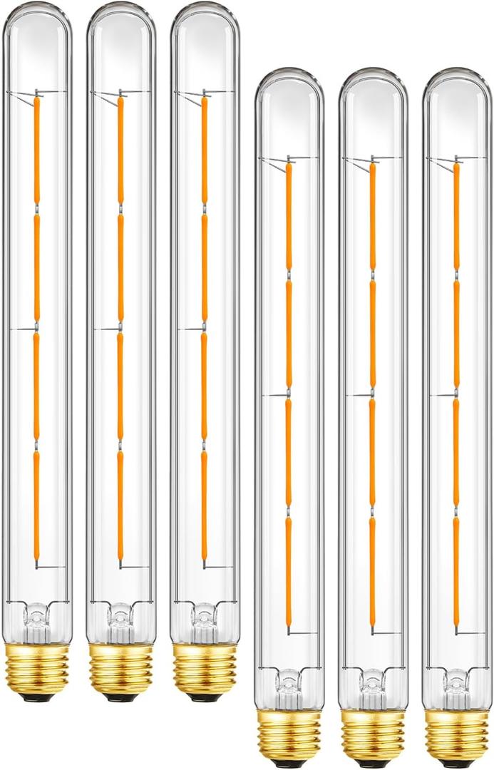 E26 LED Light Bulb,T10 Dimmable Led Tubular Bulb 6W,60 Watt Equivalent,T30 Long Bulbs 2700K Warm White,11In Edison Light Bulbs,T10 Clear Glass,6Pack.