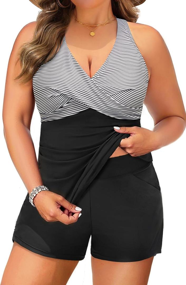 Plus Size Tankini Swimsuit for Women - Two Piece Tummy Control Bathing Suit Tankini Top with Two Pockets Shorts Black Striped 20 Plus