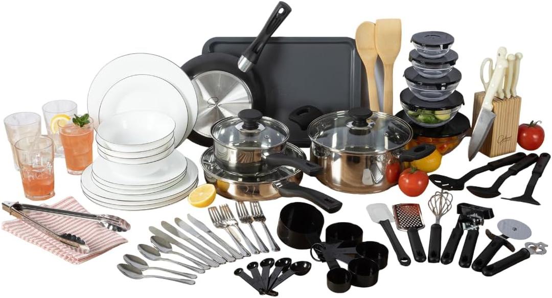 Gibson Home 74 Piece Kitchen in a Box Pots and Pans Cookware, Plates and Bowls Dinnerware, Cutlery Knife Block, Flatware Utensils, Tools & Gadgets, Storage, Glasses Set (Stainless Steel / White)