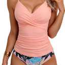 B2prity Women's Ruched Tankini Swimsuits V Neck Wrap Tie Back Two Pieces Bathing Suit Tummy Control Swimwear (Medium)