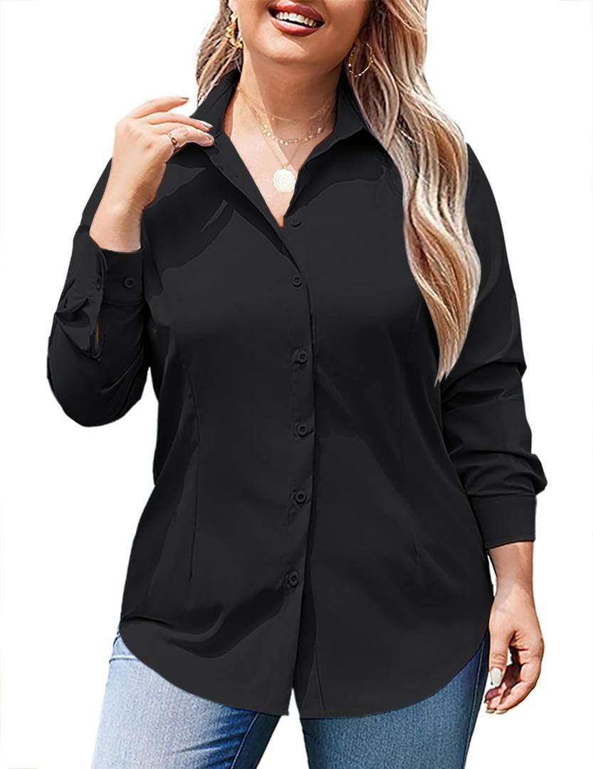 IN'VOLAND Women's Plus Size Button Down Shirts Long Sleeve Collared Casual Shirt Office Work Blouse Tops (Black, 22)