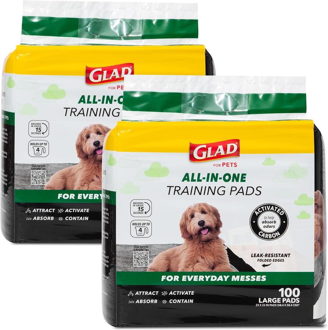 Glad for Pets Black Charcoal Puppy Pads, 6-Layer Leak-Proof Design with Activated Carbon Odor Control and Pheromone Attractant, Disposable Dog Pee Pads for Potty Training, 23 x 23 in, 100 Count - 2 Pk