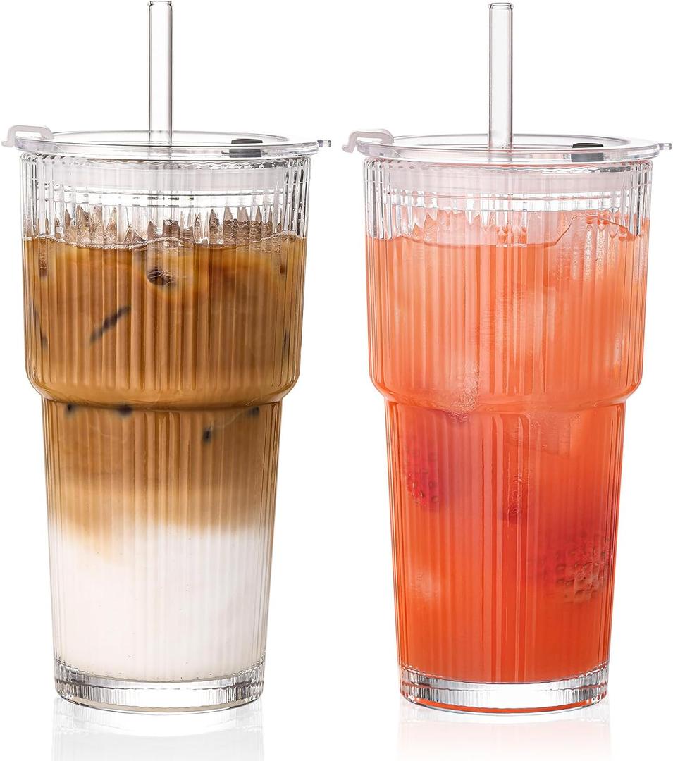 GOSCHE 20oz Ribbed Glass Tumbler with Straw and Lid, Clear Iced Coffee Cups Vintage Glassware, Glass Cups with Lids and Straws for Smoothie Water Tea Juice, Clear, 2 Pack