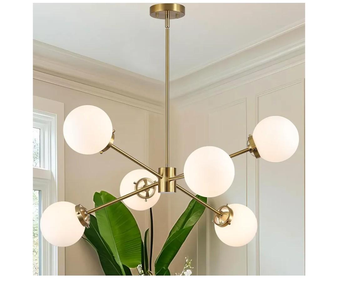 VONLUCE 6-Light Sputnik Chandelier, Frosted Glass Ceiling Light Fixture | Globe Shades Chandeliers for Dining Room, Living Room, Bedroom, Pendant Lighting, Gold Finish, ETL Listed