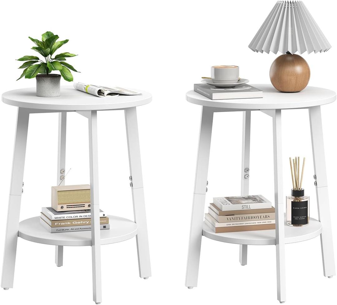 sthmec Side Table Set of 2, Small Round End Table with Storage Shelf for Small Space, 2-Tier Bedside Table Sofa Couch Table, Round Nightstands Set 2 Accent Table for Living Room, Bedroom, White