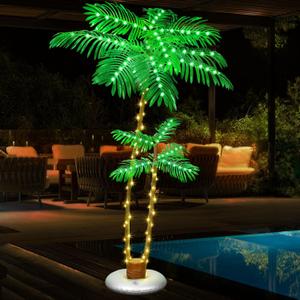 PINPON Lighted Artificial Palm Tree, 6 FT Light Up Christmas Palm Tree Decorations Decor, Fake Trees Lights for Patio Yard Pool Porch Deck Tropical Party Tiki Bar Indoor Outdoor Use