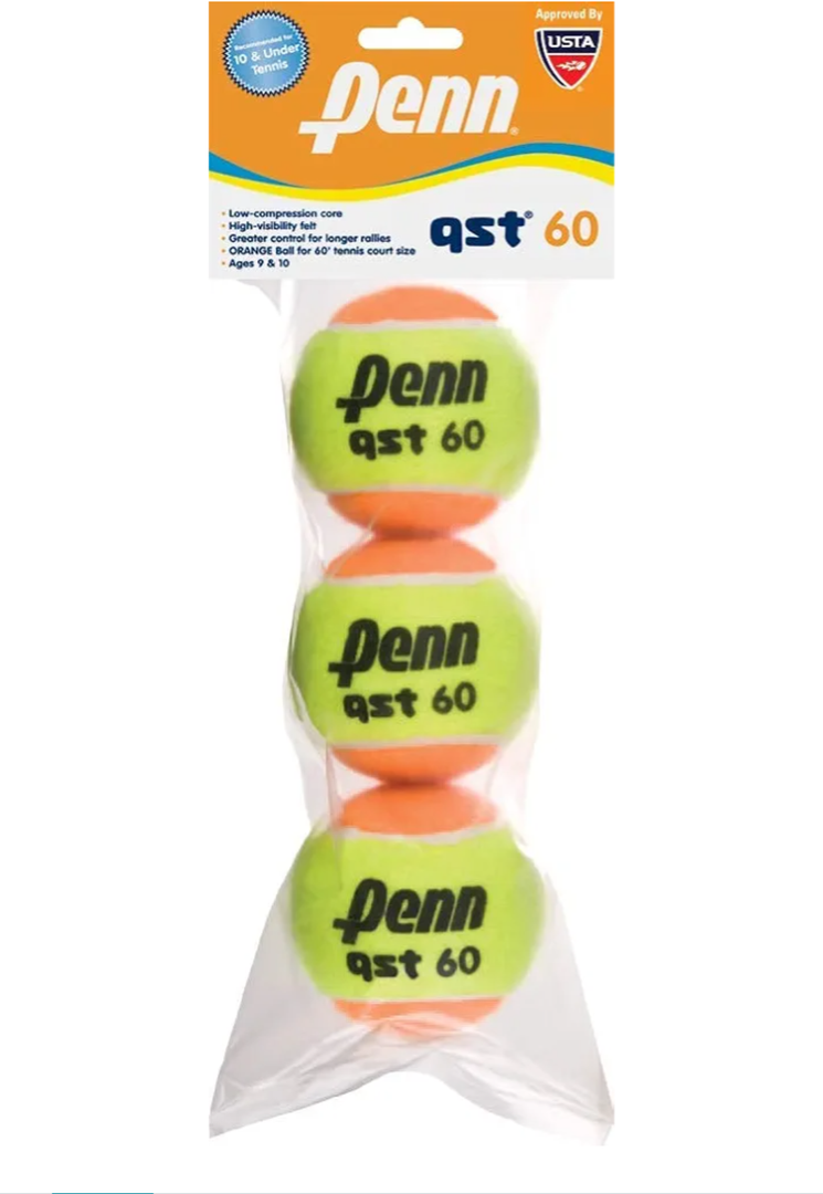Penn QST 60 Tennis Balls - Youth Felt Orange Dot Tennis Balls for Beginners - 3 Ball Polybag