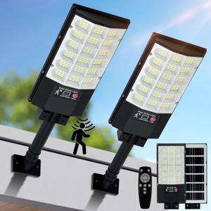 Solar Street Lights Outdoor, Waterproof Motion Sensor Solar Lights with Remote Control, 6500K Dusk to Dawn Parking Lot Flood Light for Outside Garage Yard, 2 Pack (Black)