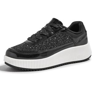 LUCKY STEP Women's Platform Sneakers Rhinestone Fashion Chunky Casual Sparkly Retro Braided Walking Shoes (5, Black Glitter 2)