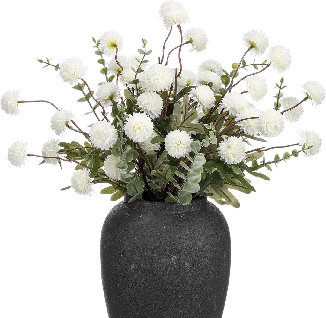 30 Pcs Faux Flowers Kiku White Included10 Small Mini Chrysanthemum and 20 Eucalyptus Stems Realistic Artificial Flowers Pom Pom Balls for Room Decor Floral Arrangements Centerpiece