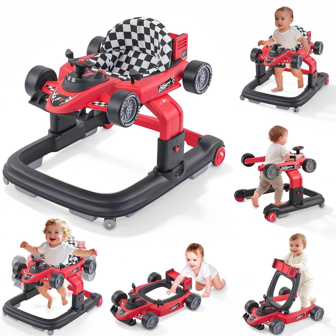 Baby Walker, Baby Walker with Wheels, 3 Adjustable Heights Reinforced Frame 4 Modes Push Walker & Jumper, Music Lights Anti-Rollover Speed Height Adjustment Toddler Activity Walker for 6-18 Months Old