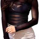 REORIA Women’s Mesh Long Sleeve Bodysuits Sexy Sheer Mock Turtleneck Ruched Going Out Tops （No Lining）Size Larg