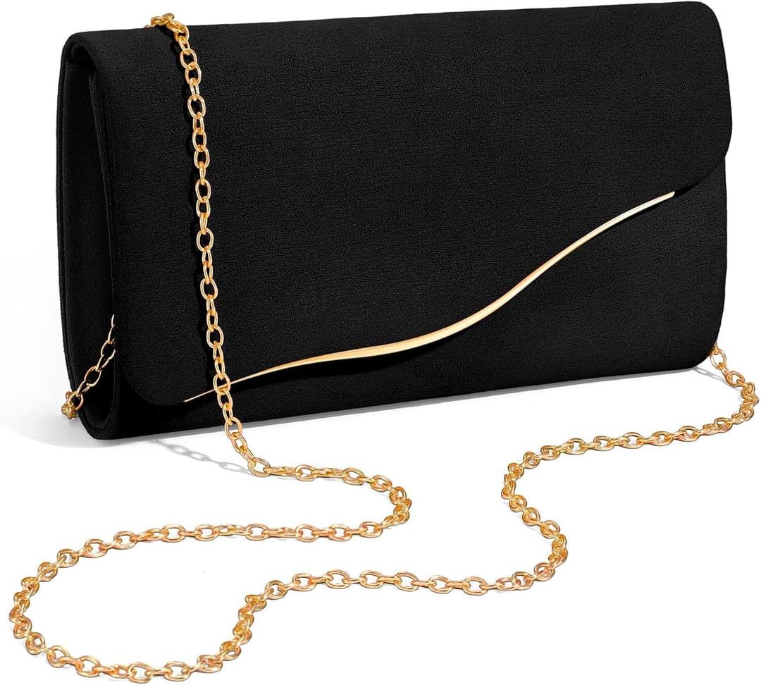 Clutch Purses for Women Formal Evening Clutch with Detachable Chain Faux Suede Purse for Wedding Party (Black)