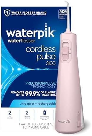 Waterpik Cordless Pulse 3100 Rechargeable Portable Water Flosser for Teeth, Gums, Braces Care and Travel with 2 Flossing Tips, Waterproof for Shower Use, ADA Accepted, WF-20 Pink