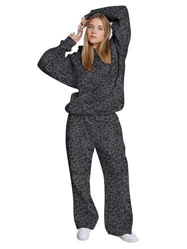 Ythomm Womens Leopard 2 Piece Sets Oversized Hoodies Straight Leg Sweatpants Sweatsuits Hooded Sweatshirt Lounge Fall Outfits, XL