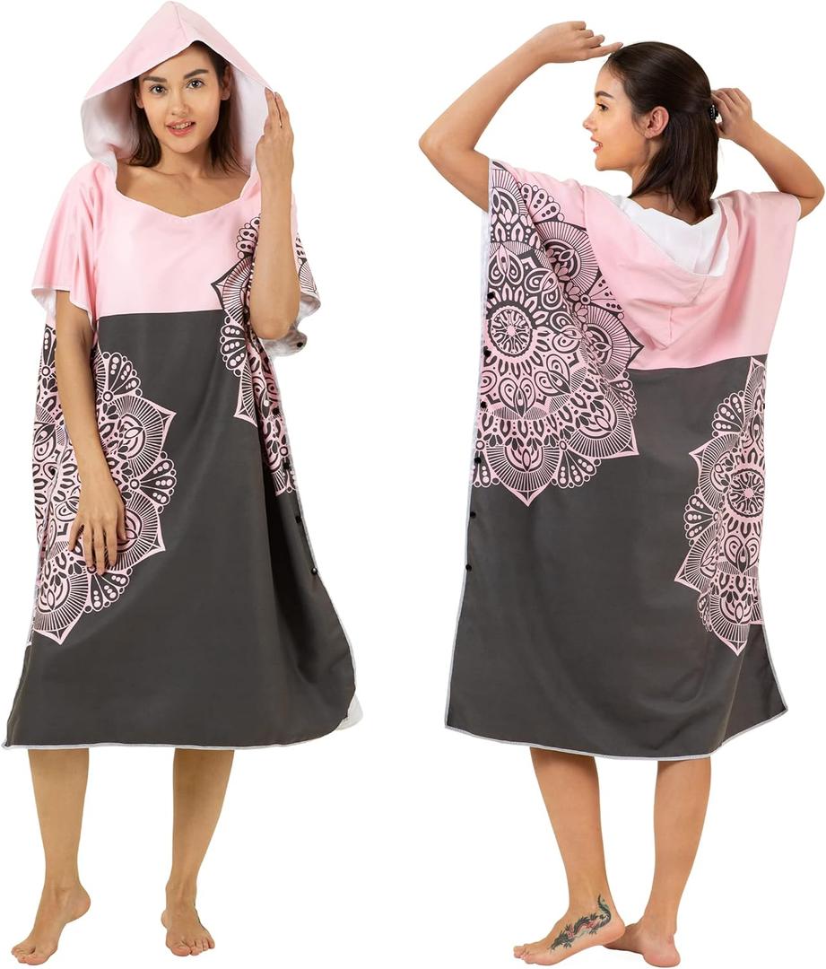 Zingtto Surf Poncho Extra Large Hooded Women Changing Robe. Quick Dry Microfiber Beach Towel Steelblue Dimgray. Wetsuit Changing Towel Swimming Surfing Equipment for Adults (Pink)