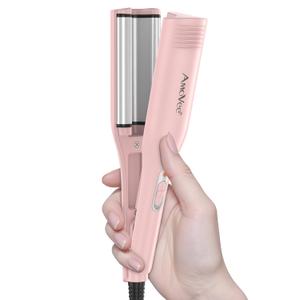 Hair Crimper, Professional 1/2 Inch Curling Iron, 3 Ceramic Barrels Hair Waver with Small Negative Ions, Dual Voltage for Home and Travel, Pink