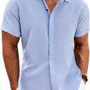 COOFANDY Men's Linen Shirts Short Sleeve Casual Shirts Button Down Shirt for Men Beach Summer Wedding Shirt (Blue, XL)