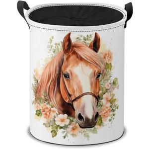 Watercolor Horse with Flowers Laundry Hamper Basket,Horse Art Collapsible Portable Laundry Bag, Storage Bins Toys Storage Gifts Basket, Bedroom Home Nursery Decor for Baby Girl Women
