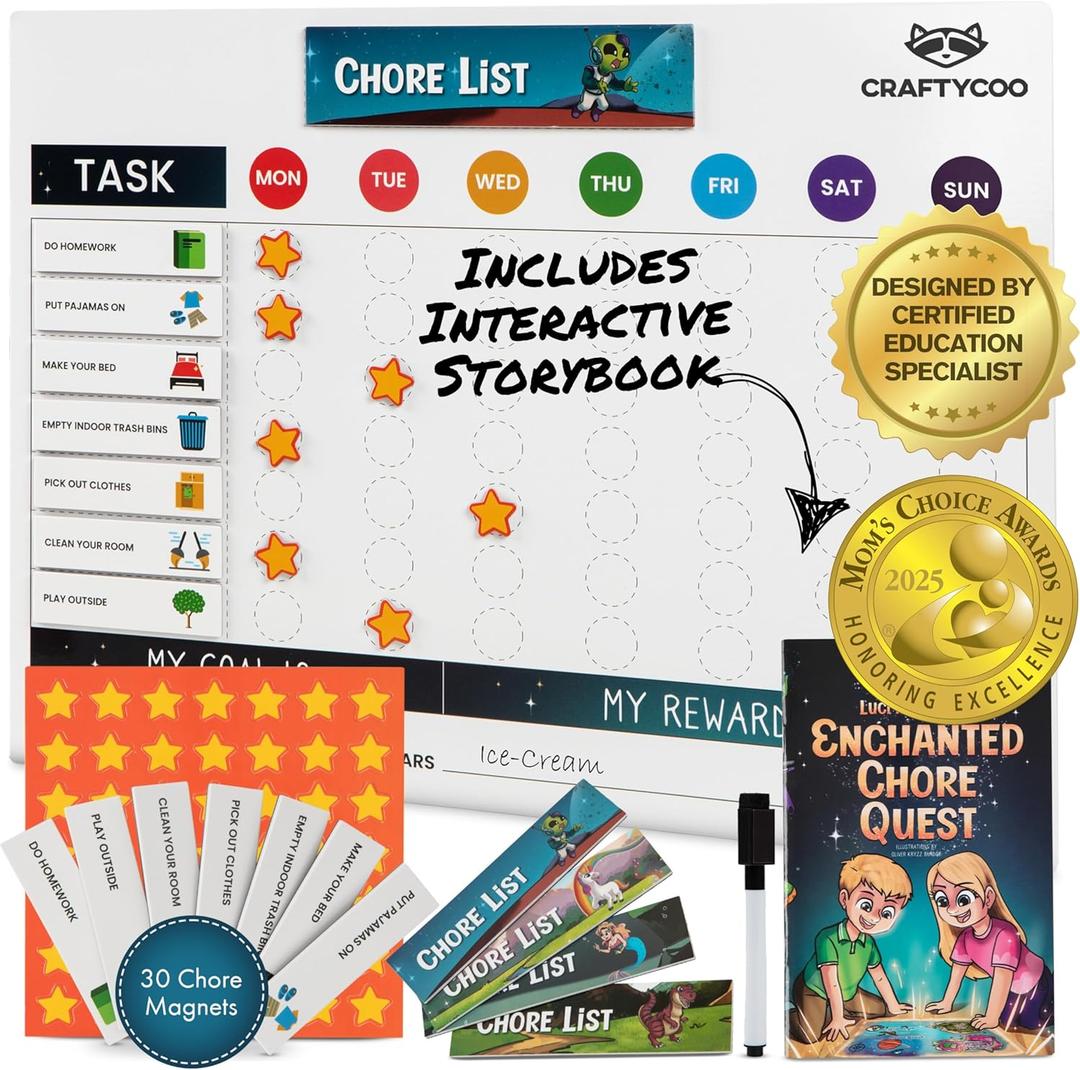 Magnetic Dry Erase Chore Chart for Kids with 34 Chore & Title Magnets, 49 Star Incentive Magnets, Storybook - Reward, Behavior, and Responsibility Chart for Toddler and Kids at Home