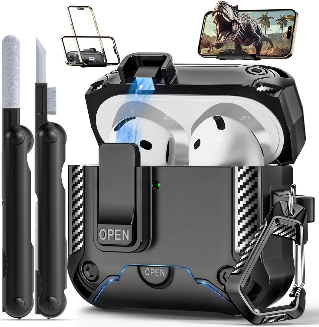 2 x Compatible with AirPods 4th Gen Case with Phone Stand,Full Drop Protection Automatic Snap Switch and Lock Design with Cleaner Kit for Airpods 4 with Active Noise Cancellation Charging(2024)