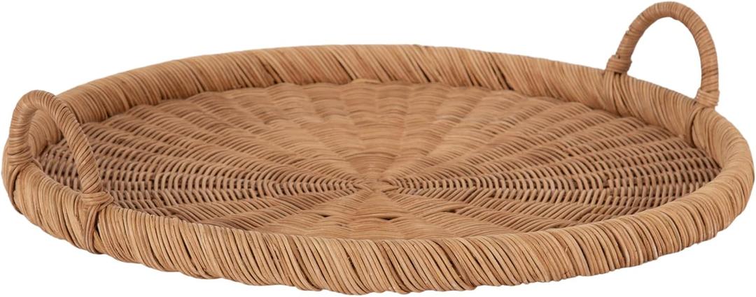 Kate and Laurel Cormont Modern Round Woven Rattan Tray with Handles; 23 Inch Diameter; Natural Rattan; Decorative Circle Boho Tray for Use as Versatile Ottoman Tray or Serving Platter (22.4")
