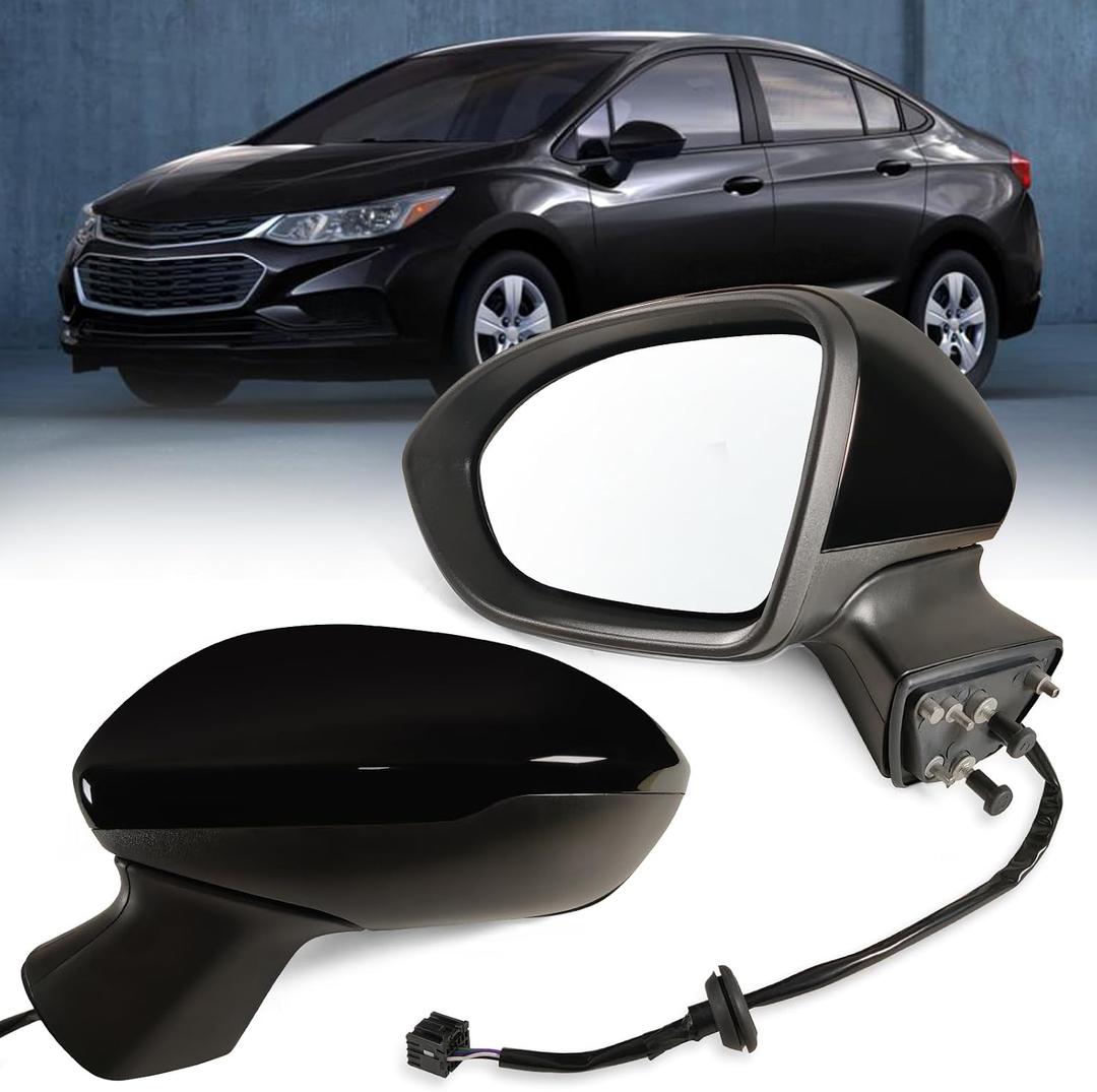 Left Driver side Mirror Fits 2016-2019 Chevy Cruze Sedan/Hatchback with Power Glass Without Heated without turn signals without Blind Spot, Match Mosaic Black Metallic Replace GM1320541(3Pins)