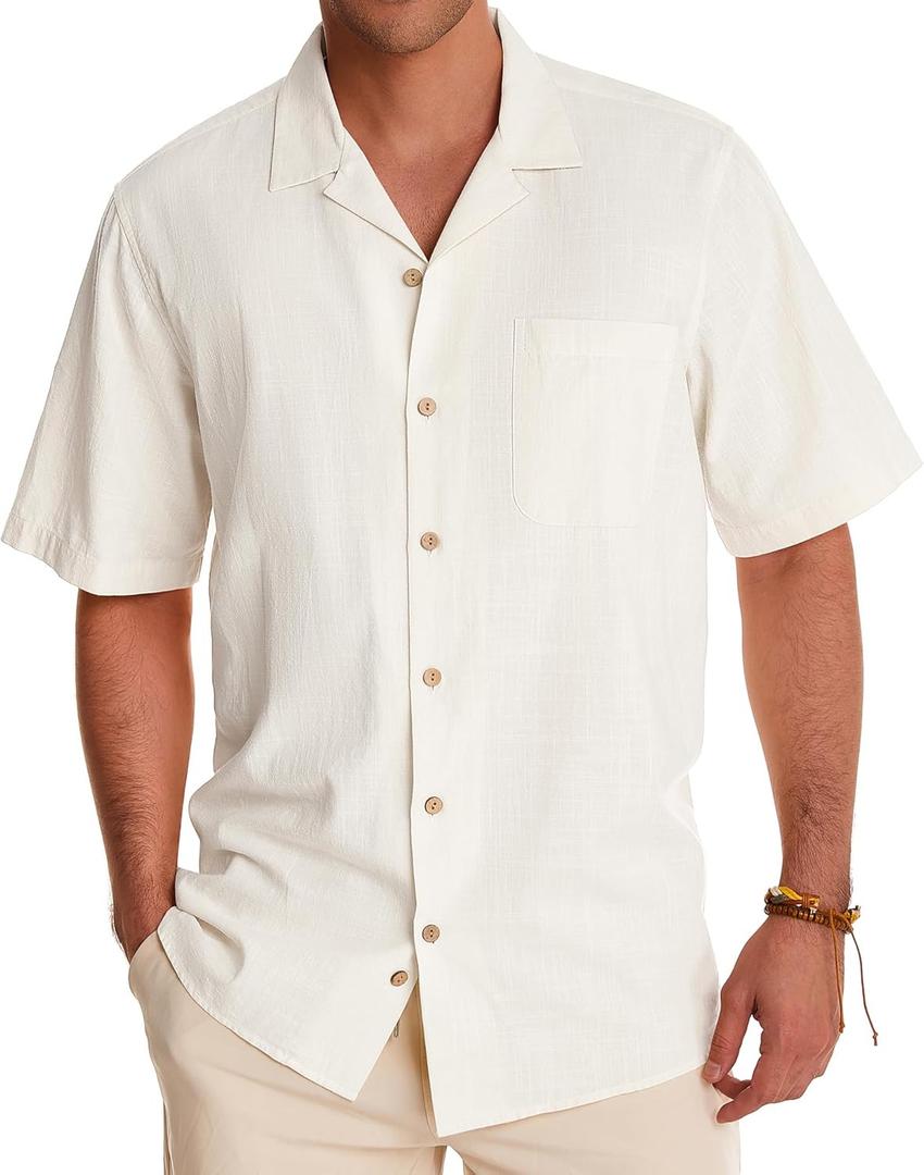 Alimens & Gentle Cuban Linen Shirts for Men Short Sleeve Button Down Shirt Cotton Summer Beach Camp Vacation Hawaiian Shirts (X-Large, A-creamy White)
