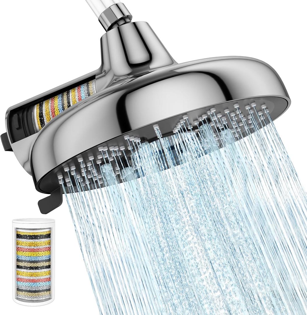 SR SUN RISE High Pressure Filtered Shower Head with Filters, 8-Inch Fixed Showerhead with 2 Quick- Change Shower Filter Replacement Cartridges, 18-stage Hard Water Softner Removes Chlorine, Chrome