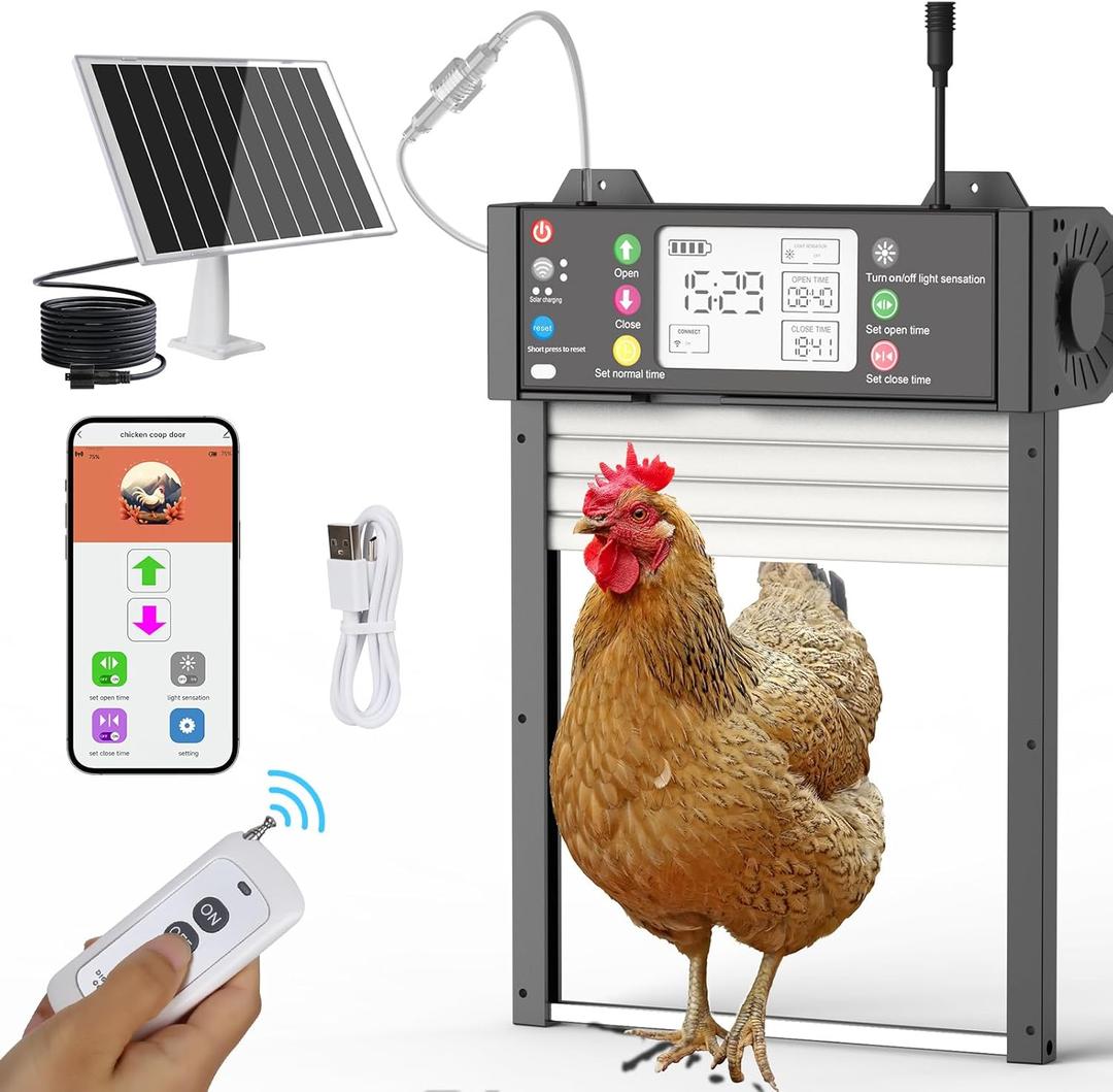 Automatic Chicken Coop Door Solar Powered 5 Modes Chicken Door with WiFi - Tuya APP, Detachable Magnetic LCD Display with USB Port Light Sensor & Timer Waterproof Anti-Pinch Chicken Door with Remote (10.2"L x 4.7"W x 15.3"H, Blcak)