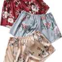 OYOANGLE Women's 3 Pieces Floral Print Satin Sleep Pajama Shorts Loungewear Shorts (Burgundy Blue Apricot)