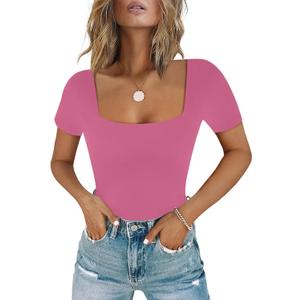 Chunpin Women's Sexy Square Neck Short Sleeve Bodysuit Tops Double Lined Slim Fitted Thong Body suit (Pink, L)