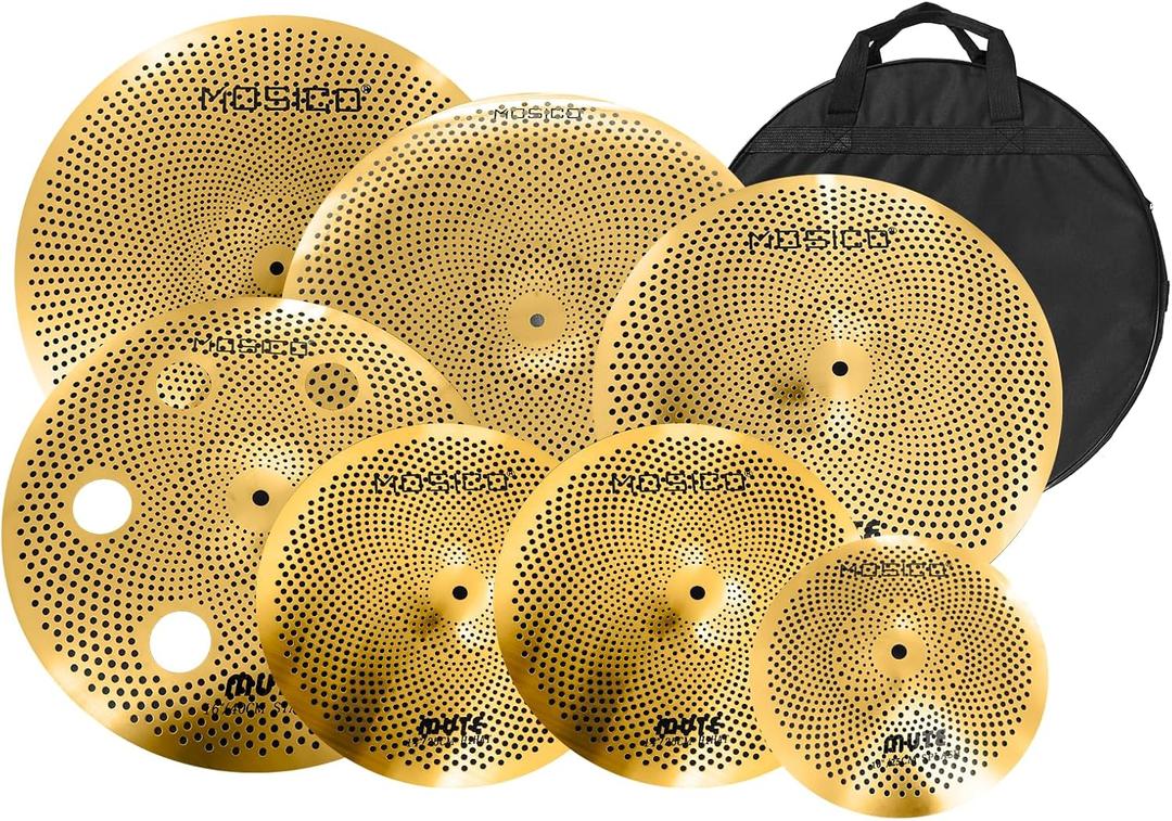 Mosico Low Volume Cymbal Pack Golden 7pcs 14"Hihats 16"Crash 20"Ride 10" Splash 16"Ozone Stacker 18" China Cymbal Cymbal Bag