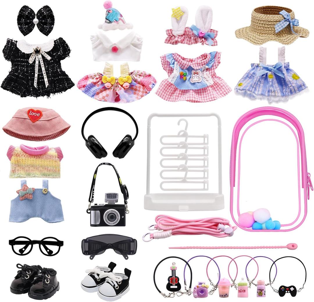 Clothes for Labubu, Clothes and Accessories Set Designed for Labubu Doll Clothes, Includes Display Bag, Clothes Rack, Headphones, Camera, Glasses, Shoes, and 6 Mini Accessories