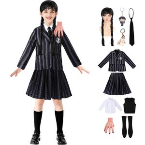 Kids Addams Costume Black Dress for Girls with Wigs Keychain Hand Halloween Cosplay Party Outfit (140)