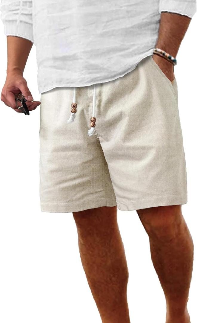 Comdecevis Men's Linen Shorts Casual Elastic Waist Drawstring Summer Beach Vacation Yoga Golf Shorts with Pockets (Beige, S)