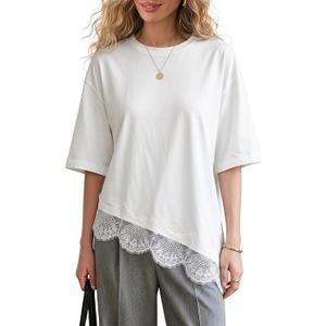 EXLURA Womens Summer Oversized Lace Trim T Shirts 2026 Casual Half Sleeve Asymmetrical Hem Tops Loose Crewneck Tunic Blouse (White, M)