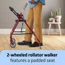 Medline 2-Wheel Rollator Walker, for Adults and Seniors, 300 lb. Weight Capacity, Burgundy, 5-Inch Wheels, Padded Seat, Foldable, Adjustable Handles, Pressure-Activated Brakes