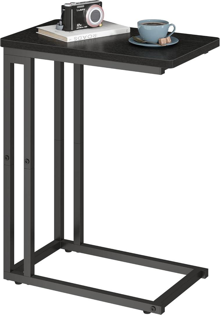 Yusong C Shaped End Table - Slide Under Sofa Couch Bed, Small Table for Small Spaces, Skinny Overbed, Coffee Drink Snack Table for Living Room, Black Oak (Length 16.5)