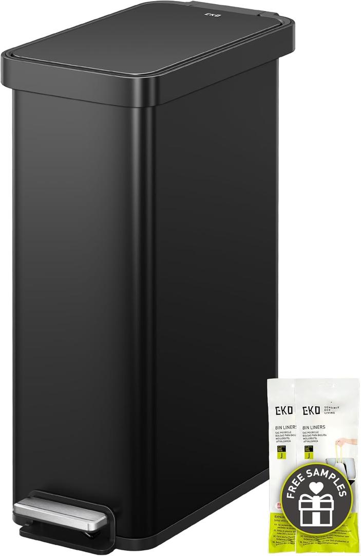 EKO Hudson Slim 50L / 13.2 Gallon Kitchen Trash Can with Lid, Stainless Steel Step Garbage Can for Kitchen or Home, Space-Saving Garbage Can with Soft Close Lid, Stay-Open, Liner Ring, Matte Black