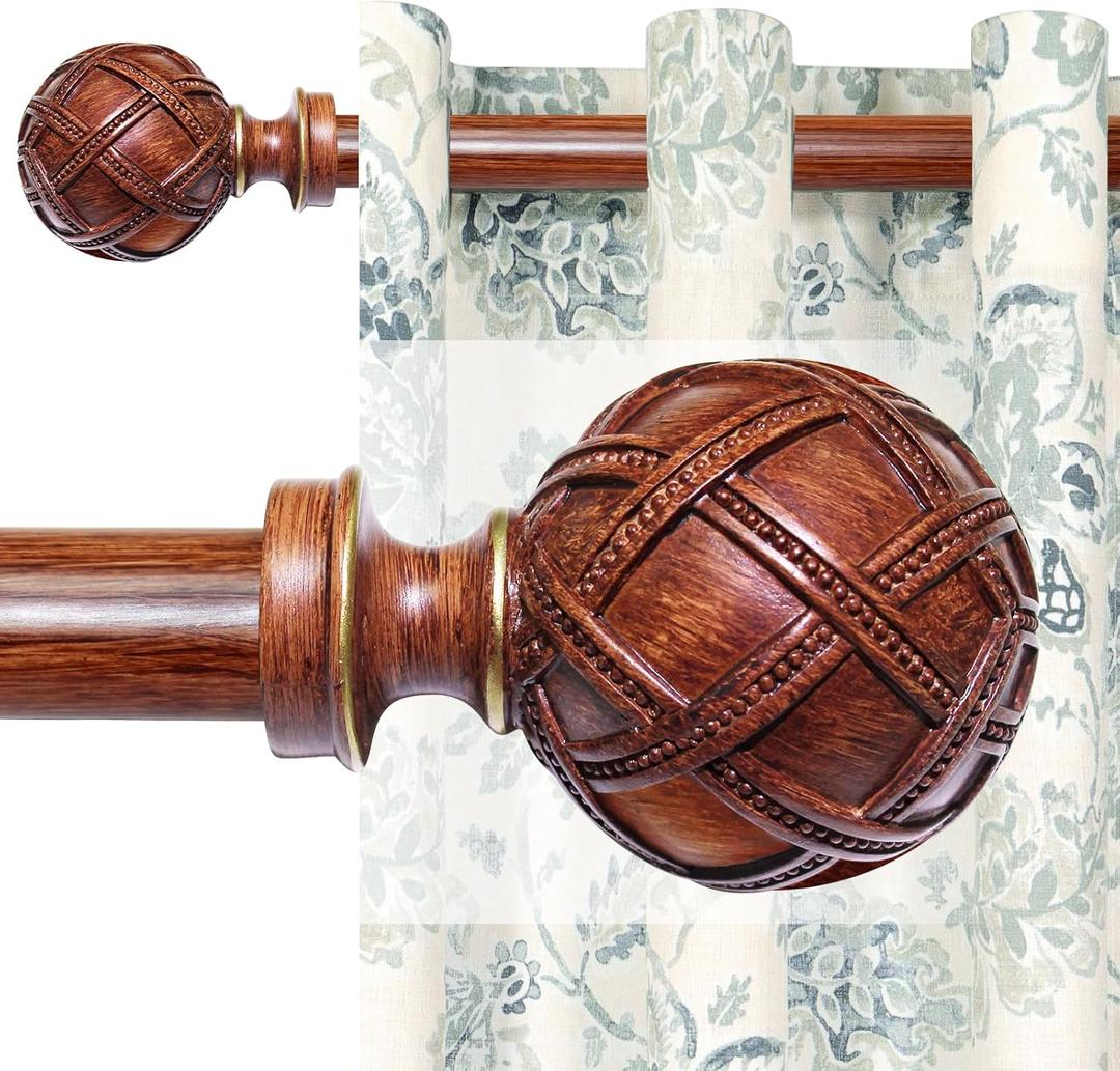 Single Curtain Rod for Windows 48 to 84 Inches(4-7ft): 1 inch Diameter Adjustable Curtain Rod, Heavy Duty Curtain Rod with Netted Texture Finials, Size:36-88(Redwood)