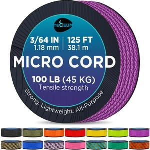 TECEUM Micro Paracord  1.18 mm X 125 ft  Micro Utility Cord  Thin Braided Paracord Rope  Best for Crafting, DIY Projects, Fishing, Camping  Wind Chime Replacement  Survival Strong String (Purple)