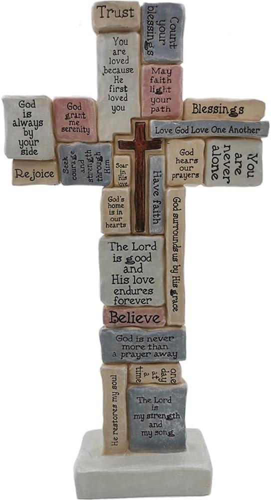 Cross Sculpture with Christian Words and Sayings Crossword Table Inspirational Figurine Cross for Home Decor Christian Gifts