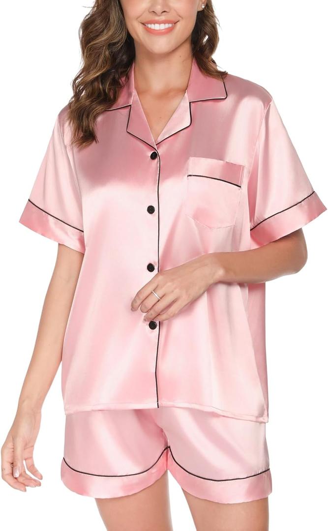 Womens Silk Satin Pajamas Set 2 Piece Satin Pjs Shorts Set Soft Button Down silk Loungewear Sets (Pink, S)