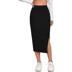 Women's Elastic Waist Pencil Bodycon Midi Skirt - High Waisted with Side Slit Below Knee Length Elegance for Women (Medium, Black)