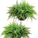QIANYUN Fake Fern Outdoor Artificial Plants-2-Pack Artificial Outdoor Hanging Fern Faux Greenery UV Resistant Plastic Plants for Front Porch Living Room Garden Decor- Including Hanging Planters