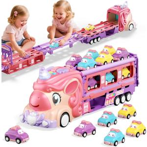 Unicorn Truck Car Toys for 2 3 4 5 6 7 Year Old Toddler Girl with Foldable Race Track Light&Sound 9 Princess Car for Girl Birthday Gift