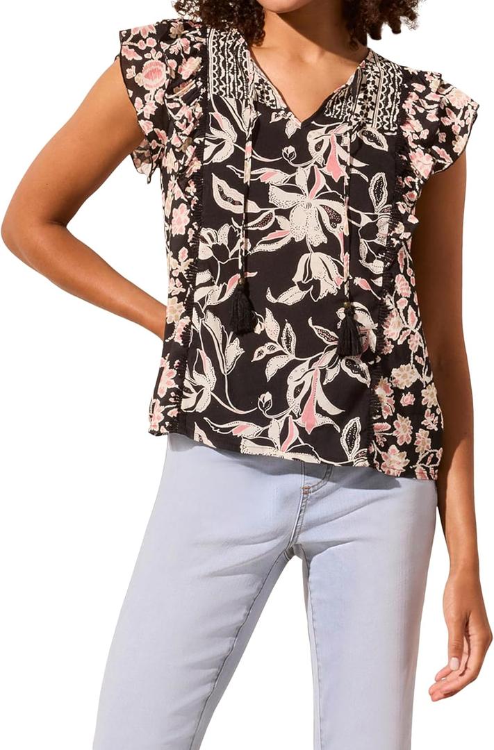 Tribal Womens Casual Short Sleeve Blouse  Lightweight Fashion Top for Work Or Everyday Wear (Black, L)